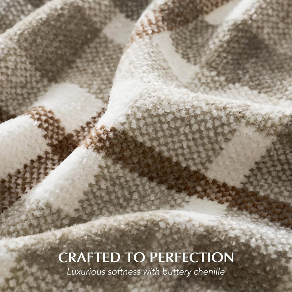 EverGrace Plaid Chenille Knit Throw Blanket for Couch, 50"x60", Beige