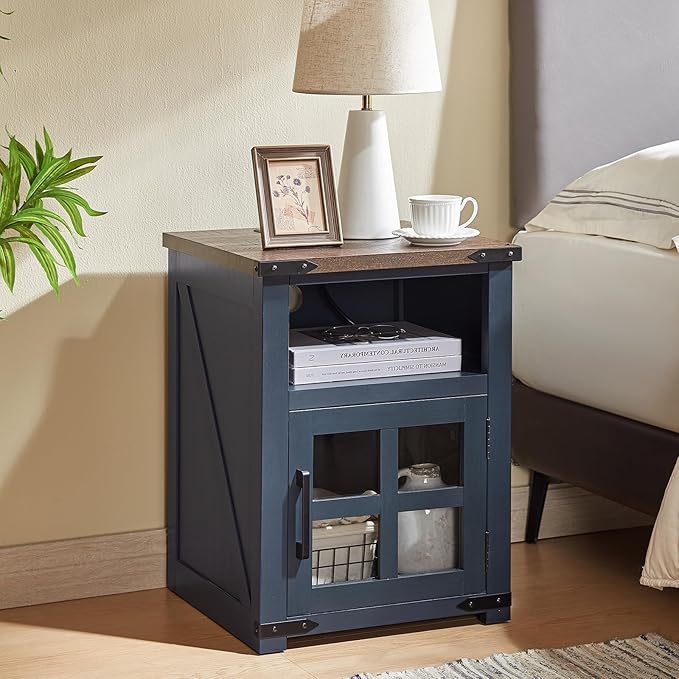 Farmhouse Nightstand with Charging Station, Rustic End Table with Tempered Gl...