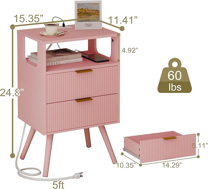 Pink Nightstand with Charging Station and LED Lights,Modern Bedside Table wit...