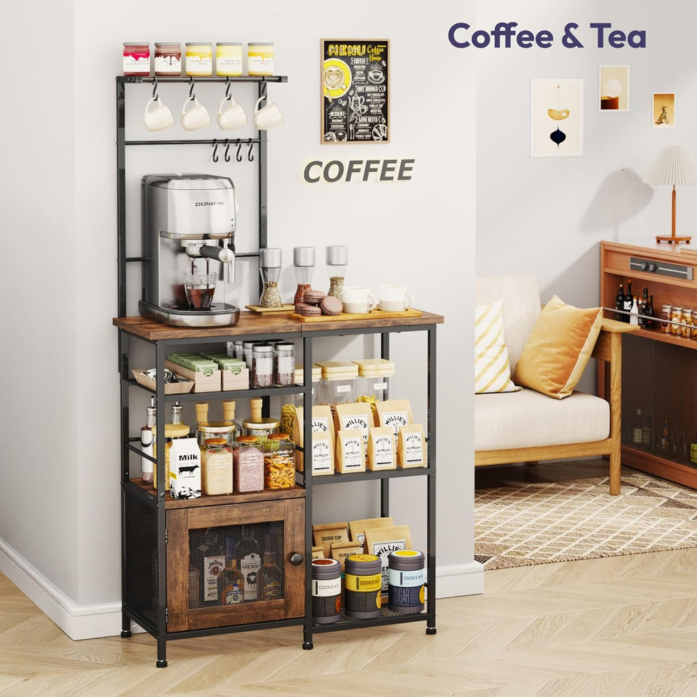 SWTYMIKI Bakers Rack with Storage - Coffee Bar Cabinet Organizer with 8 Hooks...