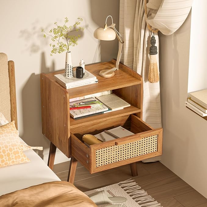Lerliuo Rattan Nightstands Set of 2, Side Table with Drawer, Cane Accent Beds...