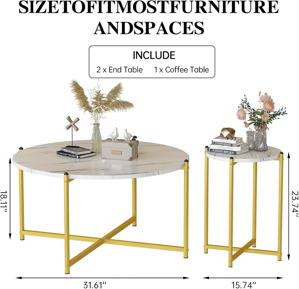 AWQM Faux Marble Coffee Table Set of 3, 1 Coffee Table & 2 Sofa Table, Ro...