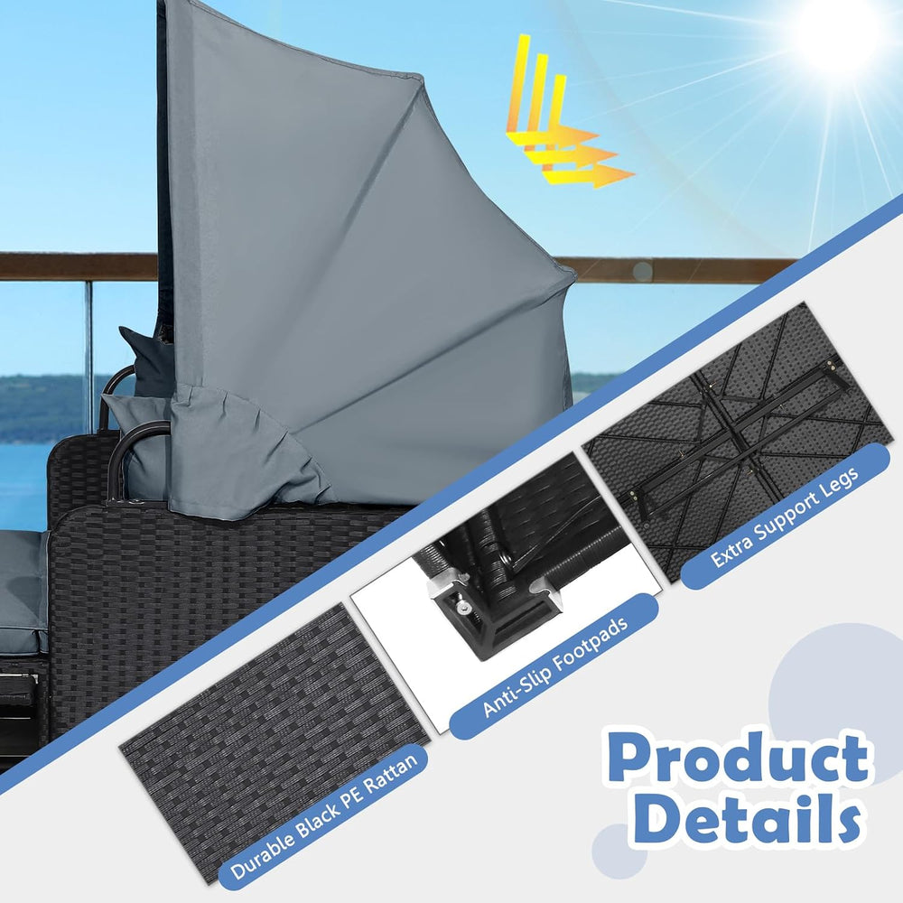 Moccha Outdoor Daybed with Retractable Canopy, Wicker Cabana with 2 Side Tabl...