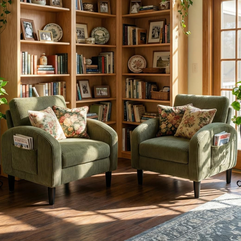 Homkdom Accent Chair with Side Pockets & Ergonomic Backrest, Set of 2,Green