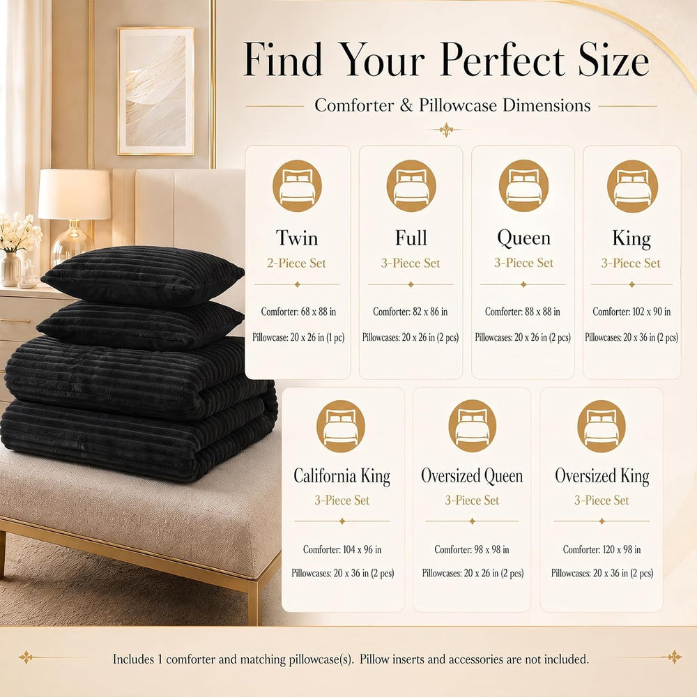 CozyLux Fleece Queen Comforter Set, 3 Piece Winter Warm Black Bedding