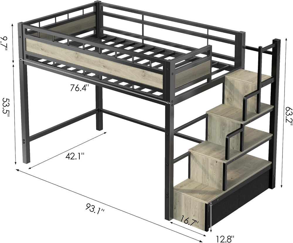 Twin Loft Bed with Stairs, Heavy Duty Metal with Storage, Black