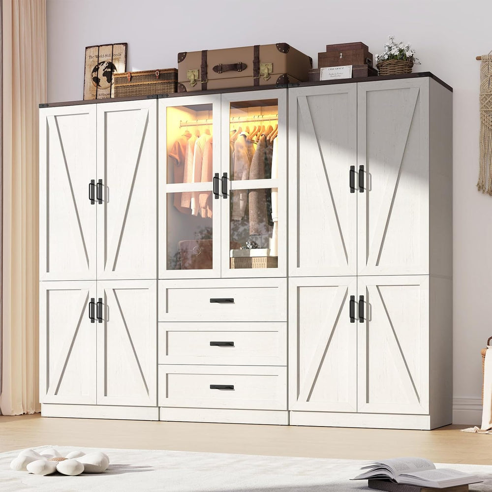 75" Tall Farmhouse 6 Doors Armoire Wardrobe Closet with 3 Drawers and LE...