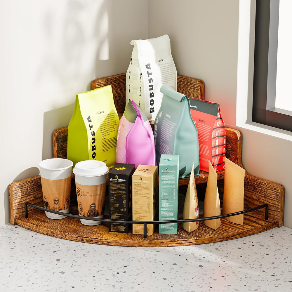 KLM Liquor Bottle Display Corner Shelf, Brown | Coffee Syrup Rack Organizer, ...