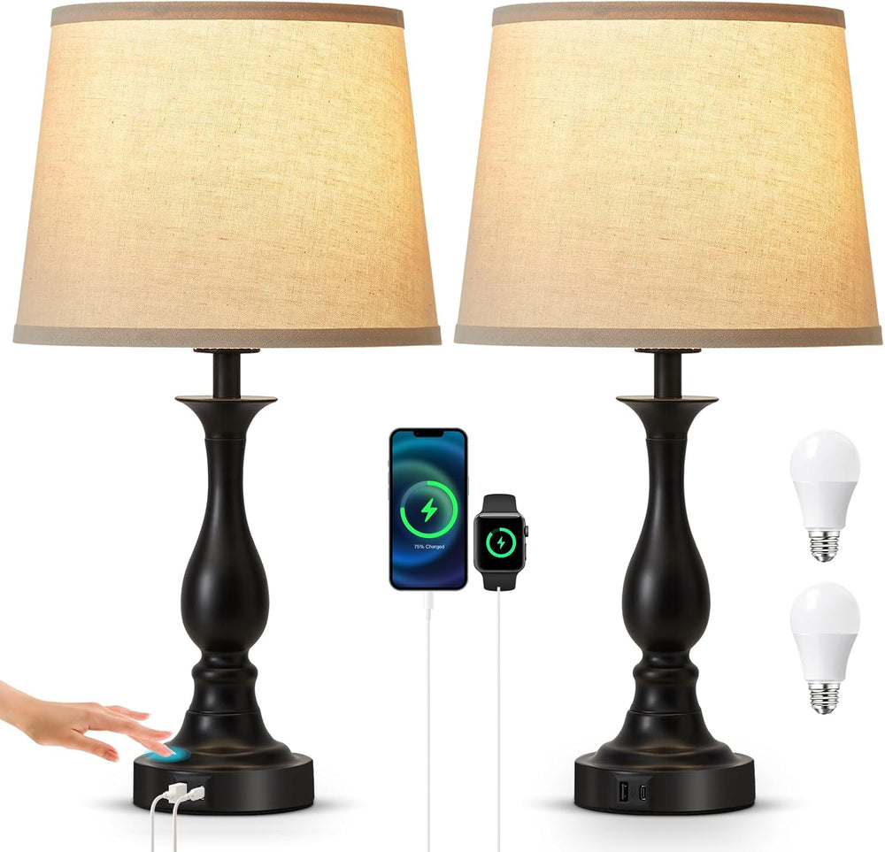 Touch Lamps for Nightstand Set of 2, Bedside Table Lamp USB C+A Ports