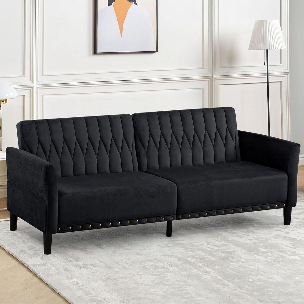 77 Inches Velvet Sofa Bed w/Adjustable Backrests & Armrests, Black