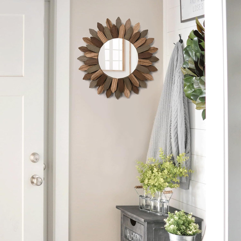 Honiway Boho Wall Decor Mirror 2 Pack 12 inch Rustic Wood Decorative Mirror f...
