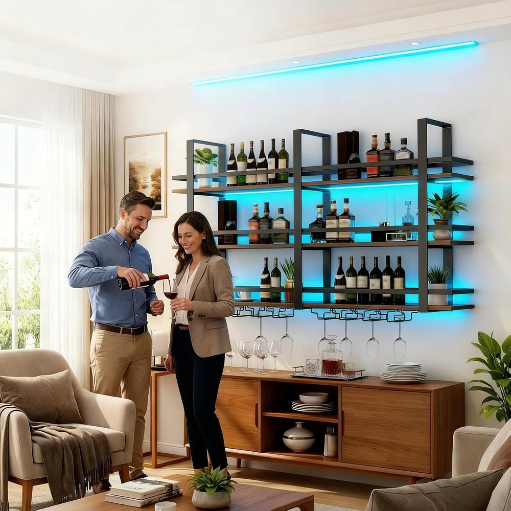 Wall Mounted Wine Rack with LED Light, Metal Liquor Bottles Display Shelf, Fl...