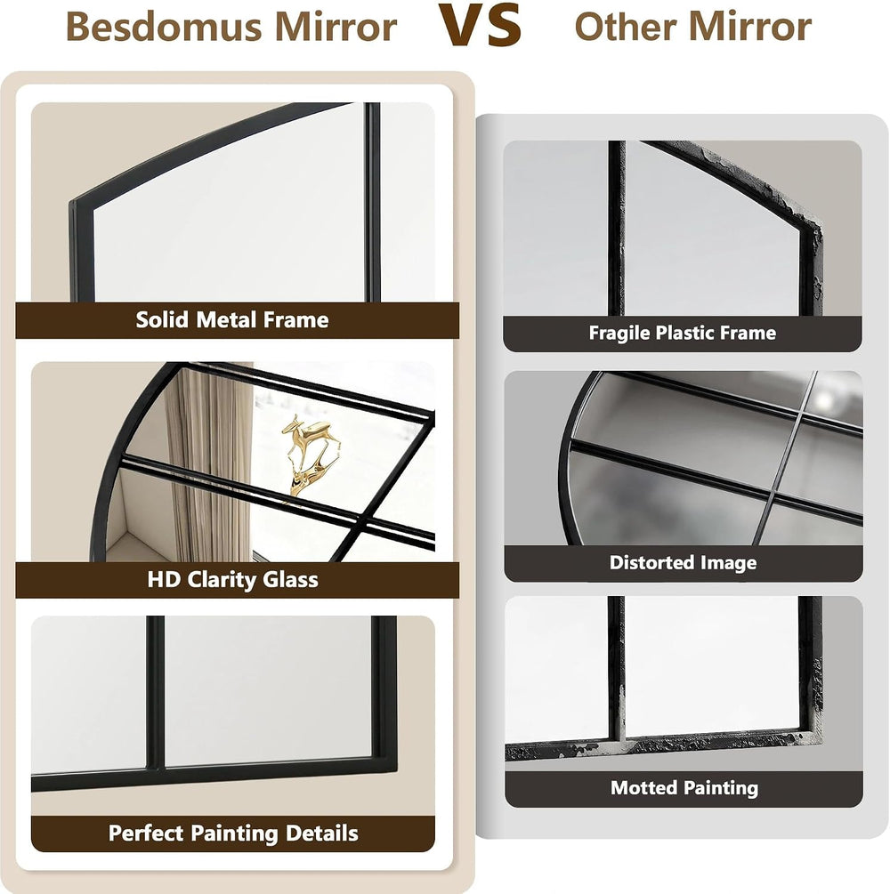 Besdomus Large Black Arched Mirror: 42"x28" Wide Arched Window Mirror