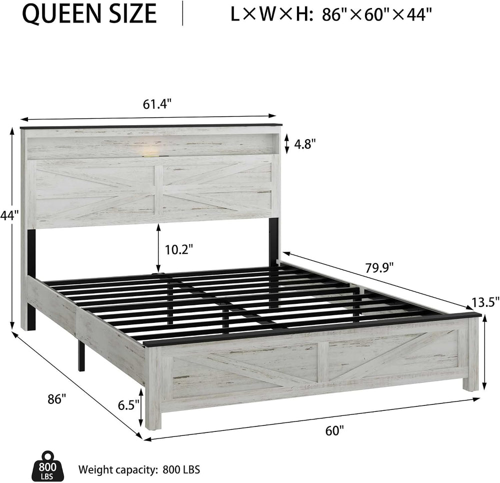Ball & Cast Wood Queen Size Bed Frame with Storage Headboard,Farmhouse Pl...