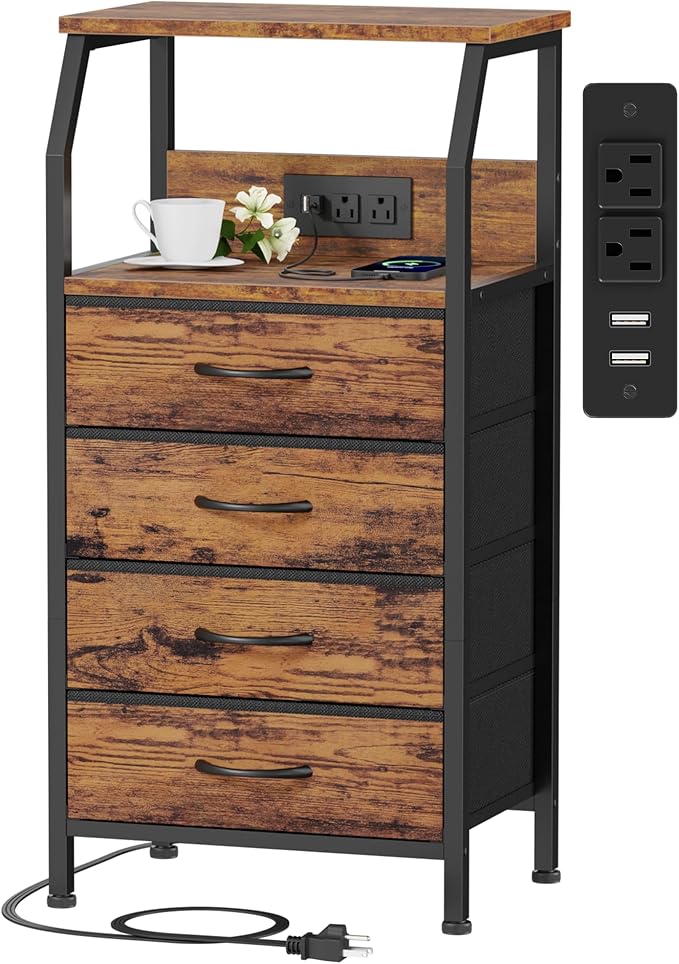 Furnulem Night Stand with Charging Station, Small Dresser with 4 Fabric Drawe...