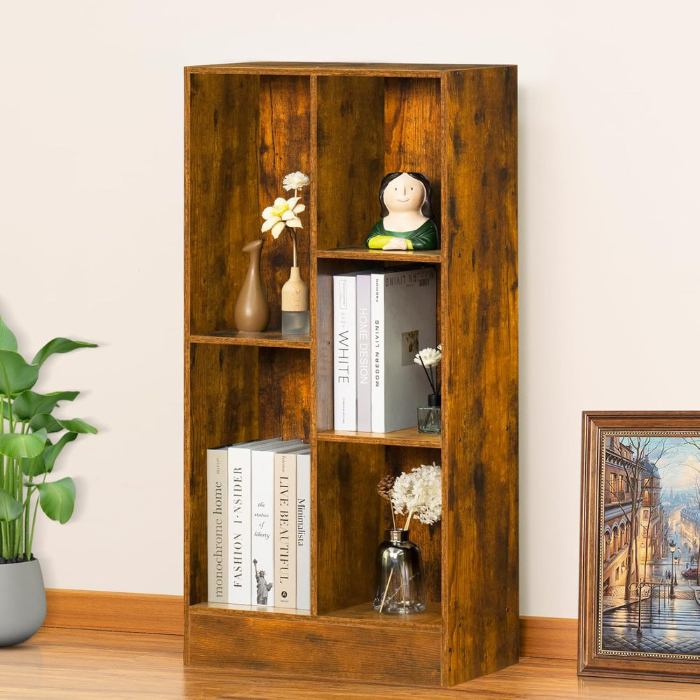 LEYAOYAO 5 Cube Mid-Century Modern Brown Wood Bookcase, 3 Tier Storage Organi...