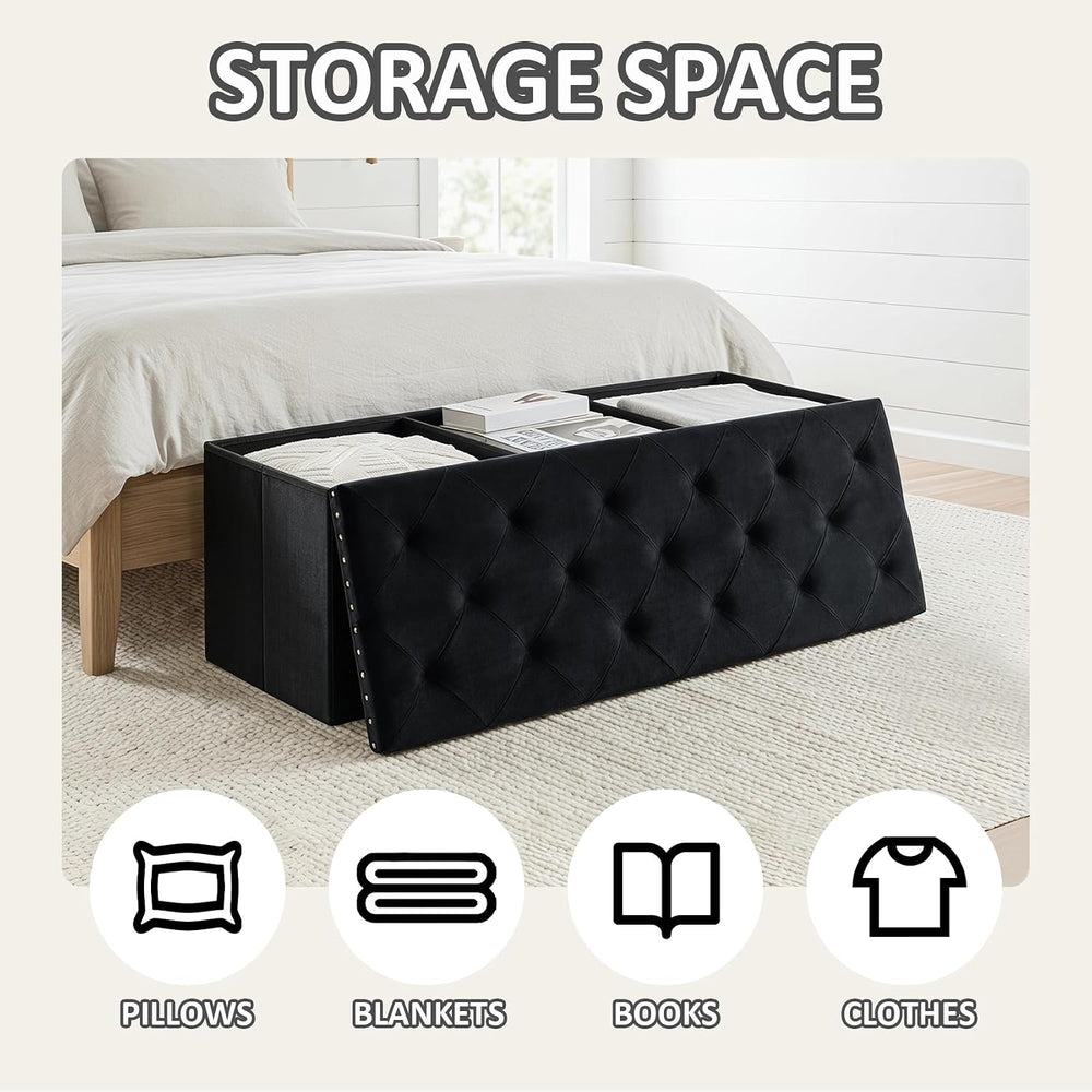 PINPLUS Folding Storage Ottoman Bench, Black Velvet | Large Storage Chest wit...