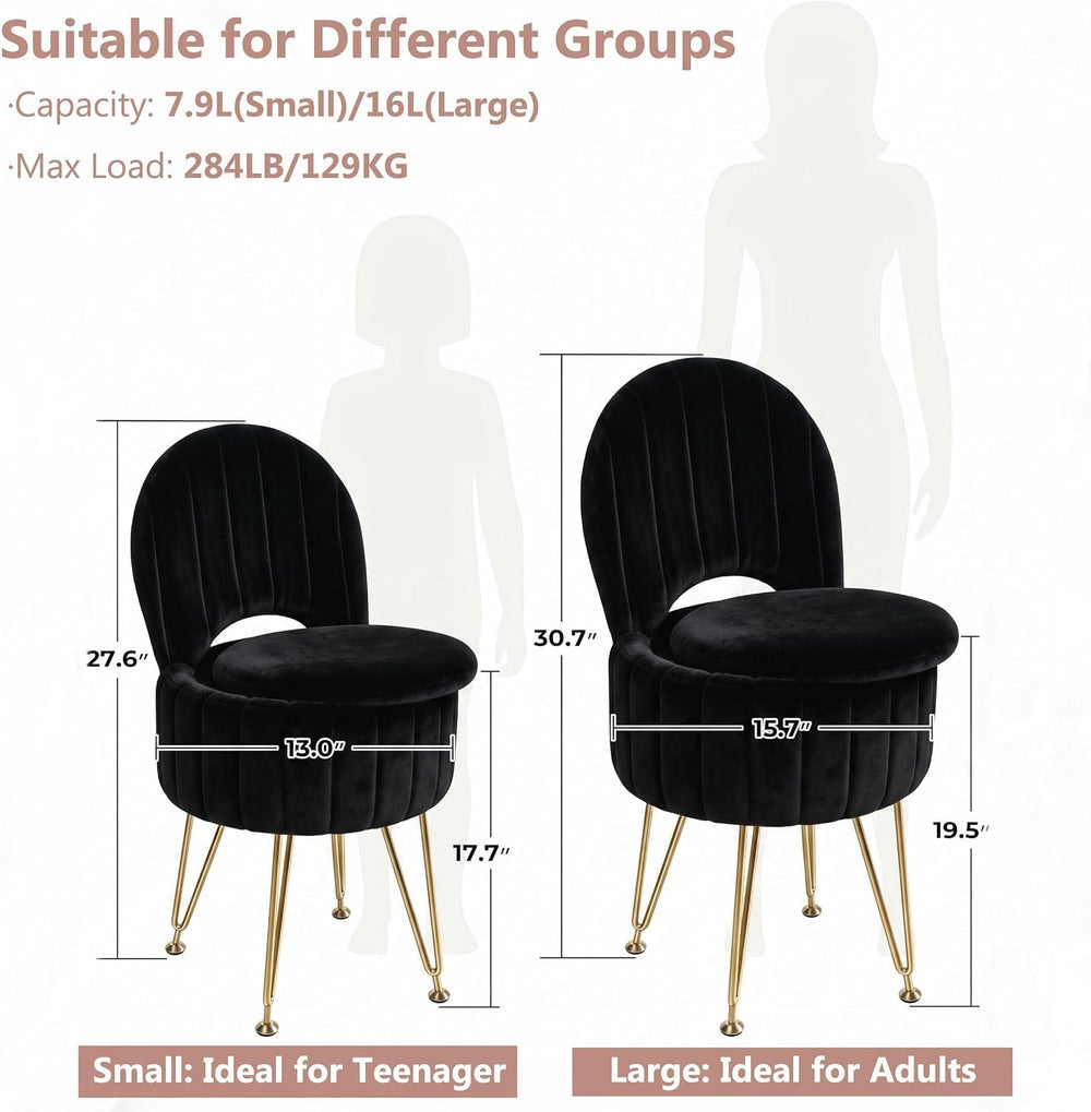 Garvee Vanity Stool Chair with Storage, Folding Back,Faux Fur,Black,Small