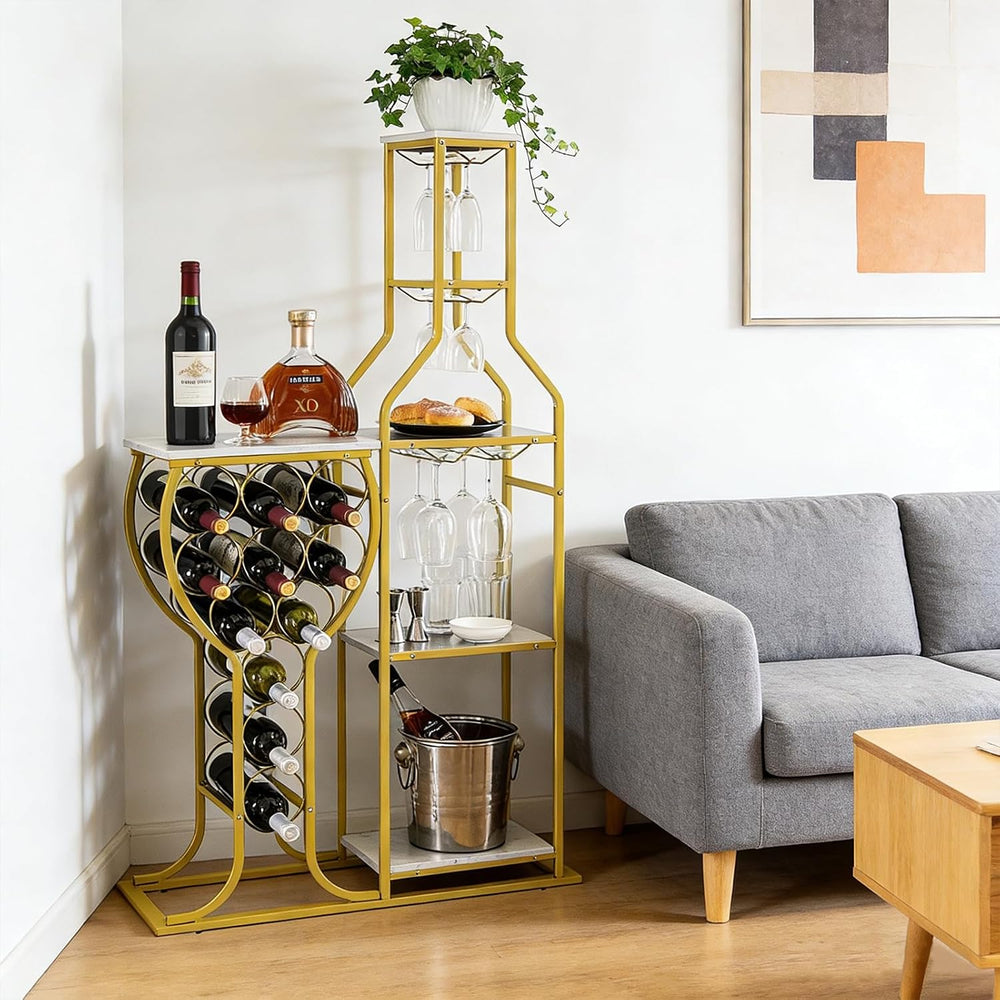 5-Tier Wine Rack Freestanding Floor, 11 Bottles Modern Wooden Wine Holder-Sto...