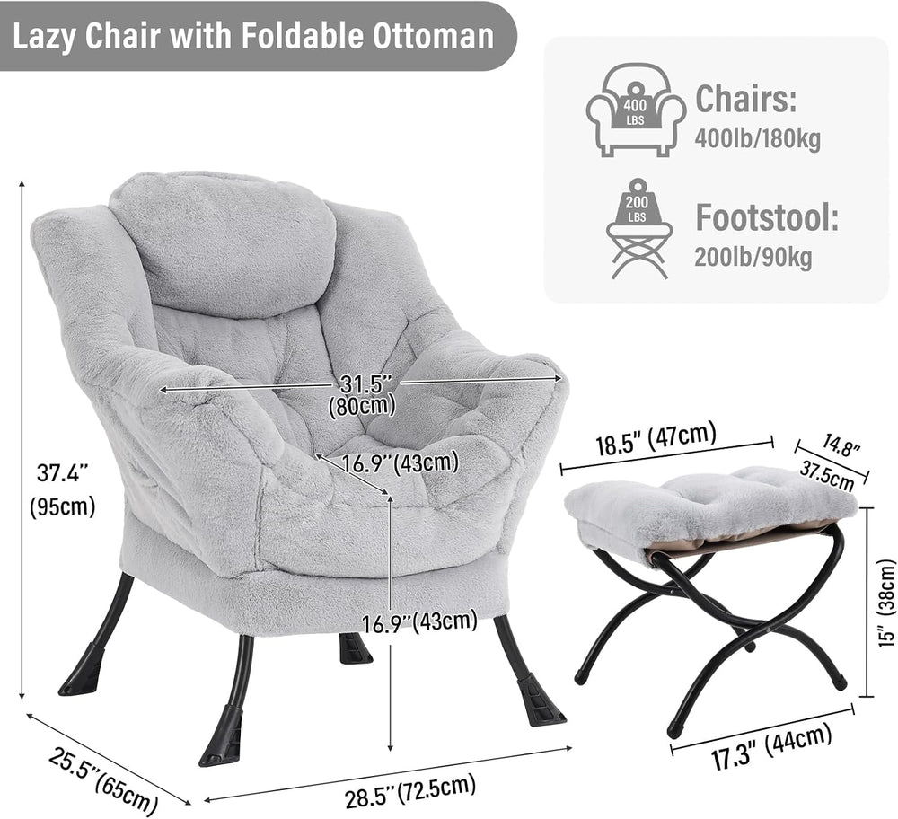 Furlide Lazy Chair with Ottoman, Comfy Reading Chair for Bedroom,Grey