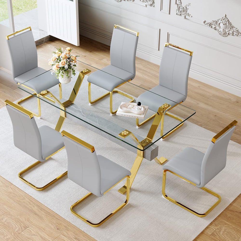 71" Glass Dining Table Set for 6|Modern Dining Table Set for 6 with Faux...
