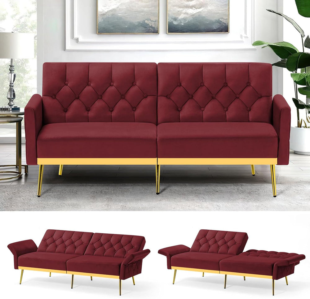 Velvet Sofa Bed w/Adjustable Armrests & Backrests, Red