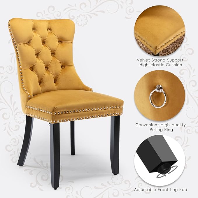 Velvet Upholstered Dining Chairs Set of 2, Modern Style Kitchen Side Chairs w...