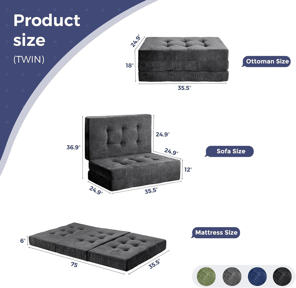 MAXYOYO 6" Folding Sofa Bed for Floor, Tufted Tri-Fold Floor Mattress wi...