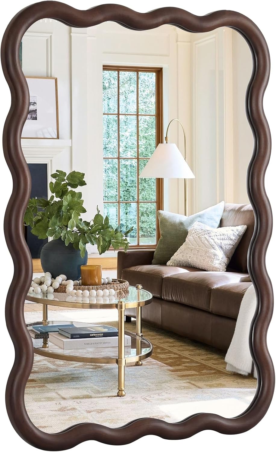 22"x30" Wavy Wood Mirror, Rectangular Wall Mirror with Natural Wood...