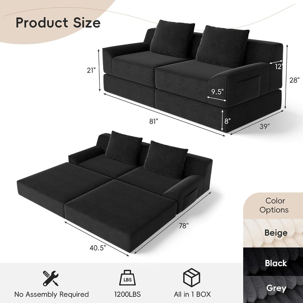 Cloud Modular Floor Boneless Sofa Bed, 81" Corduroy Convertible Loveseat...