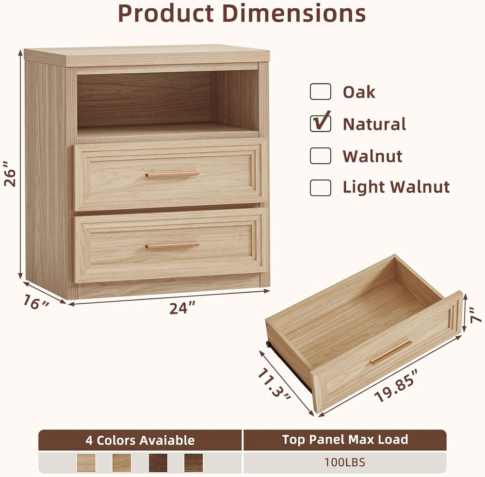RWYHG 24'' Wide Farmhouse Night Stand with 2 Drawers,Wood Nightstand