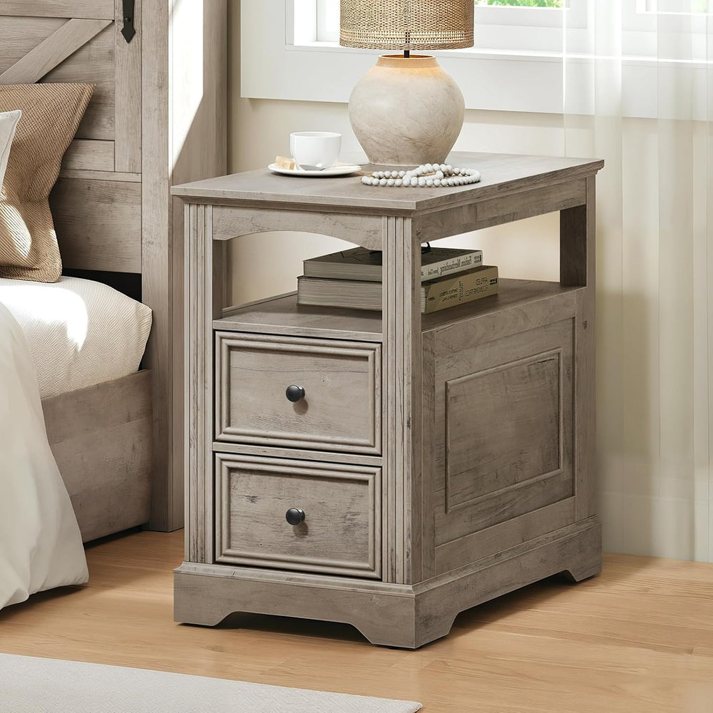 RALGEND Farmhouse End Table with 2 Drawers and Open Shelf, Greige
