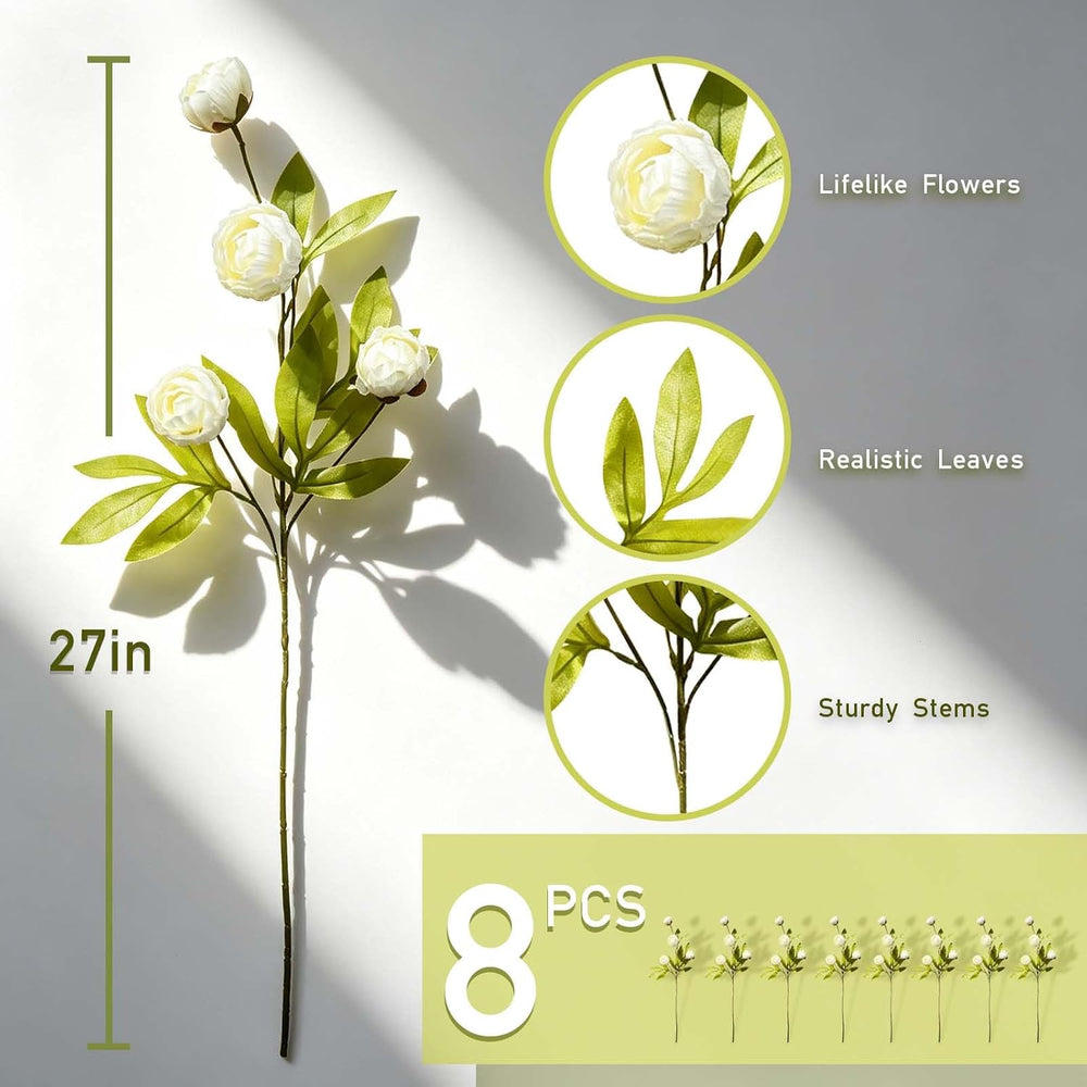 8 Pcs Cream Artificial Peony Flowers for Vase, 27 Inch Stems, 4 Heads Each