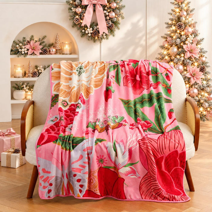 Pink Boho Floral Christmas Flannel Fleece Queen Blanket – Soft, Warm & Lightweight Fuzzy Blanket for Couch, Bed, or Sofa Decor, Cute Botanical Design Throw for Women & Girls, 90''x90''