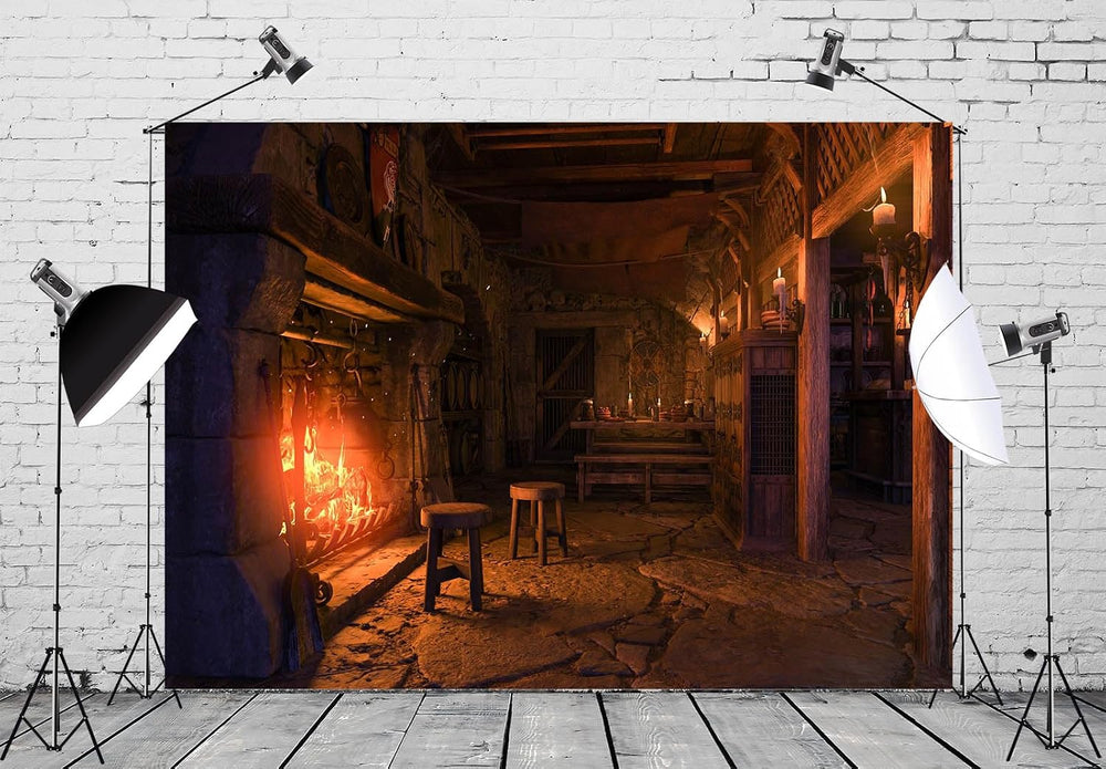 12x8ft Fabric Medieval Tavern Backdrop for Photography Burning Fireplace and ...