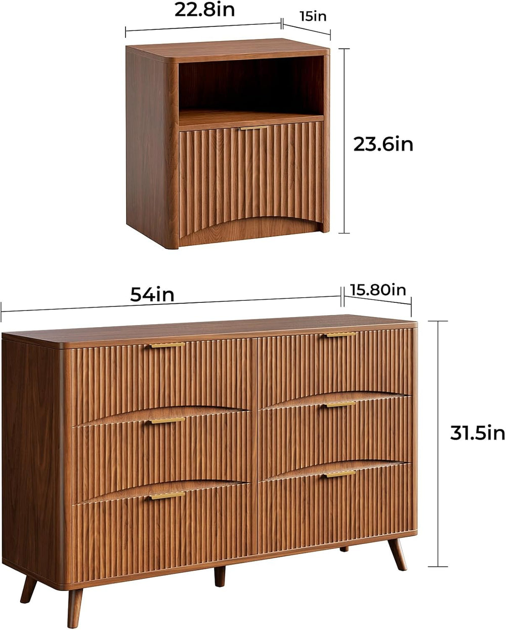 Evermagin 3-Piece Bedroom Set, 54" 6-Drawer Dresser, 2 Nightstands, Walnut