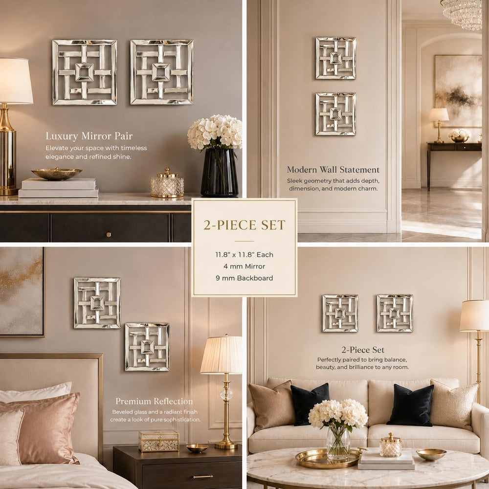 Square Decorative Wall Mirror 12 x 12 Inch, Silver Frameless Mirror Wall Deco...