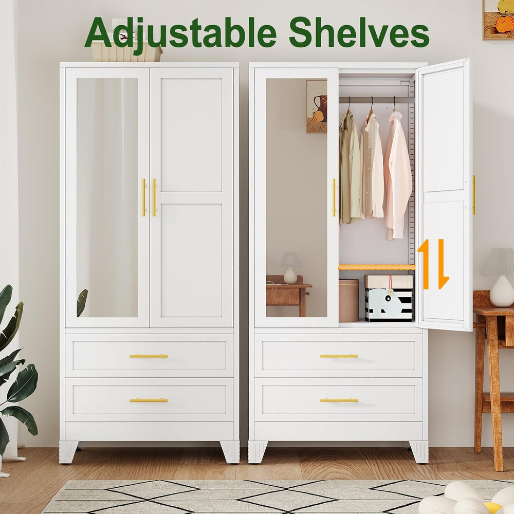 Metal Armoire Wardrobe, 71" Tall Bedroom Closet with Mirror and 2 Drawers