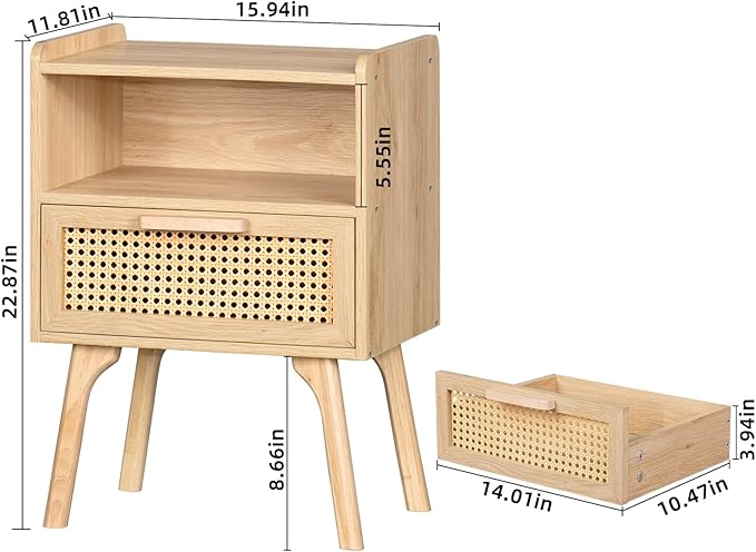 Lerliuo Rattan Nightstands Set of 2, Boho Side Table with Drawer Open Shelf, ...