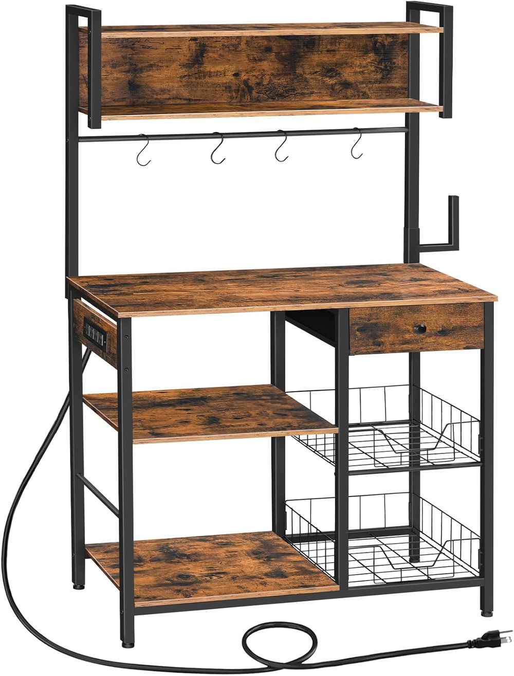 HOOBRO Bakers Rack with 4 AC Power Outlets, 5-Tier Coffee Bar with Wire Baske...