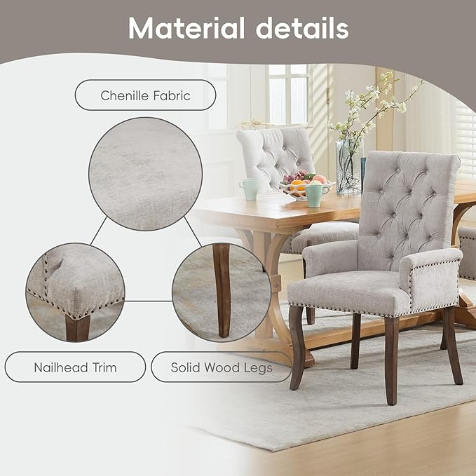 Upholstered Tufted Chenille Dining Chairs with Arms & Nailhead Trim โ Sol...