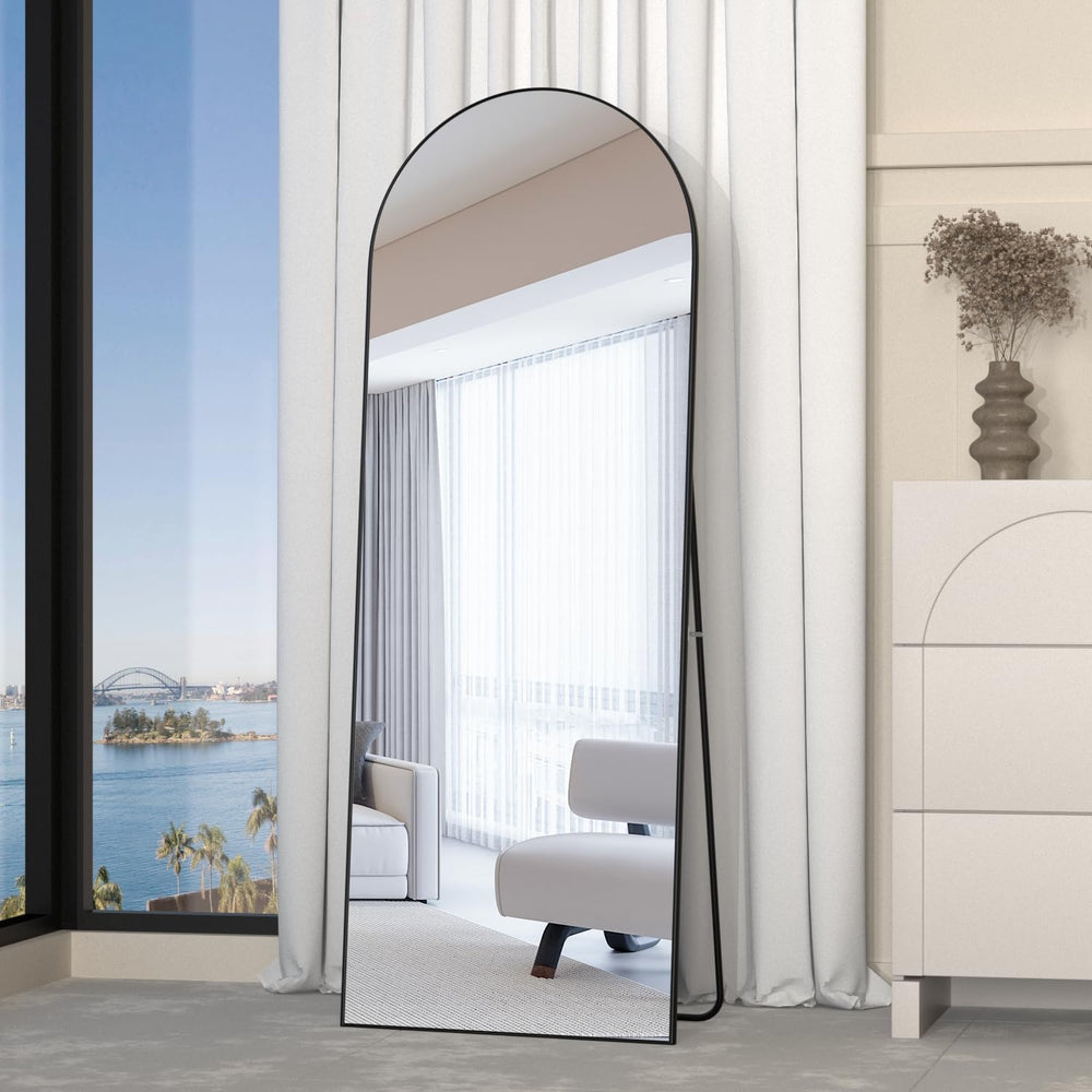 Full Length Mirror, 56"x16" Arch Mirror Floor Mirror with Stand, Bl...