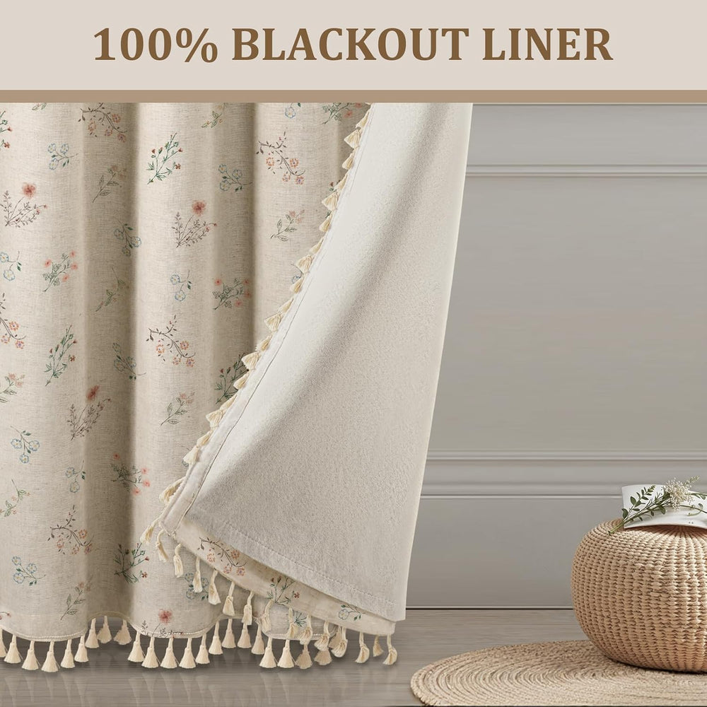 Boho Floral 100% Blackout Curtains 90 Inch 2 Panels Linen Texture