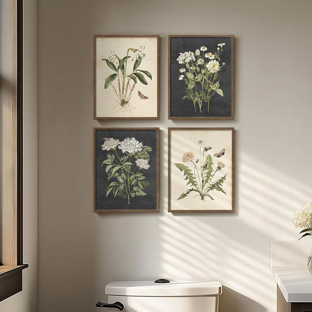 Framed Vintage Botanical Floral Wall Art for Bathroom, 4 Piece 8x10 In