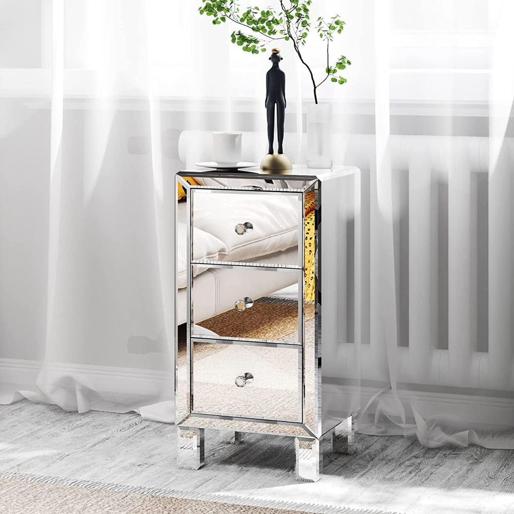 Bonnlo 3-Drawer Mirrored Nightstand Set of 2, End Table, Bedside Table, Glass...