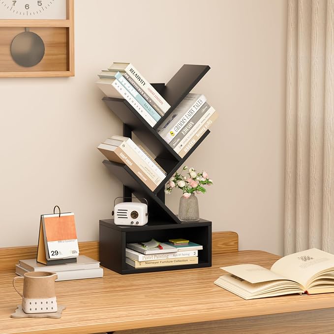 Small Tree Book Shelf,5 Tier Black Tree Bookshelf,Black Desktop Bookcase,Mode...