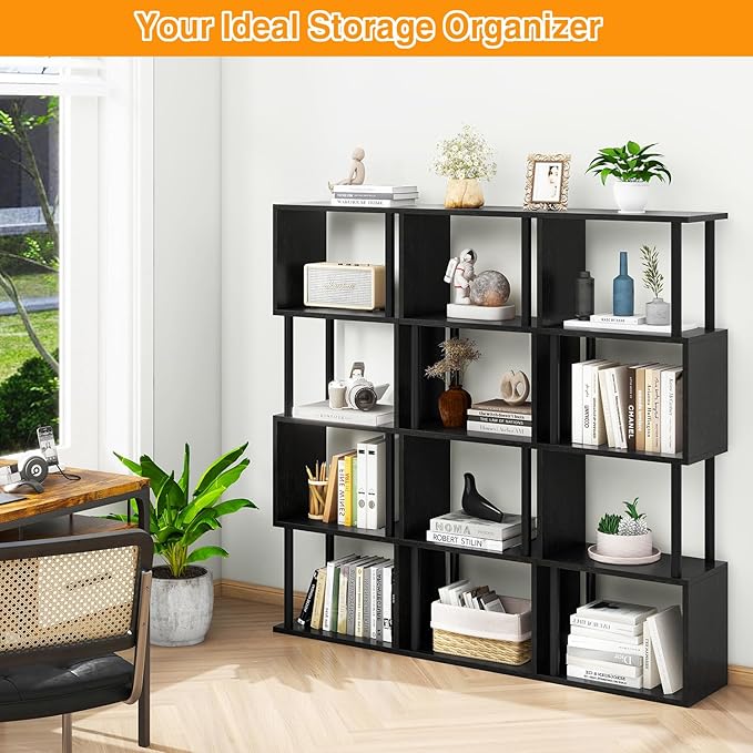 IBUYKE 5-Tier Tall Bookshelf,S-Shaped Geometric Bookcase, Wood Display Shelve...