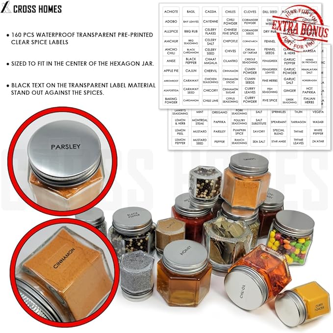 Magnetic Spice Jars Combo Pack 29 Pack Refrigerator Hexagon Glass Spice Jar