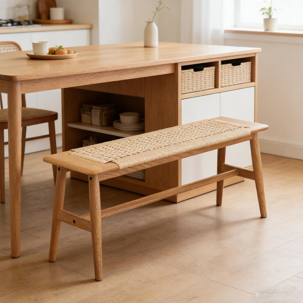 47 Inch Boho Dining Bench Solid Oak with Hand Woven Rattan - Skinny Narrow Be...