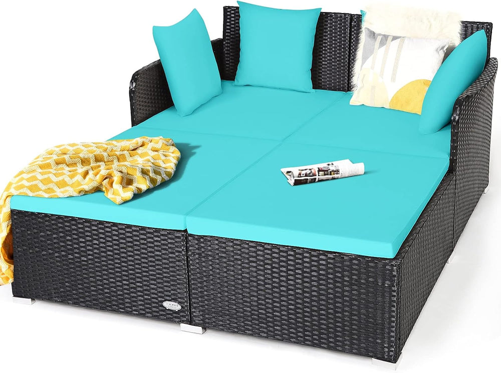 HAPPYGRILL Outdoor Rattan Daybed, Patio Sunbed Sofa Set with Cushion & Pi...